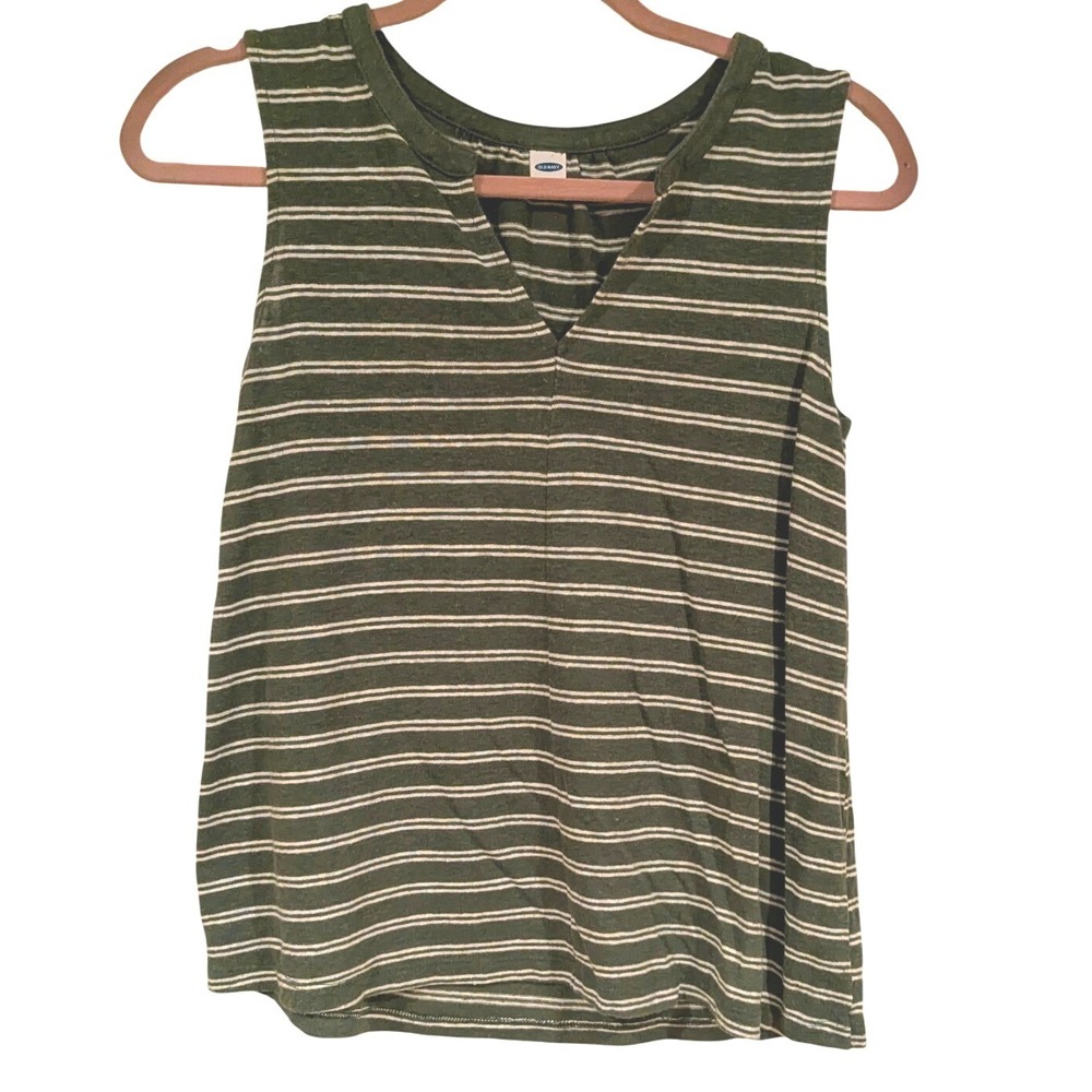 Old Navy Womens Small Olive Green White Striped Linen Blend Sleeveless V-Neck